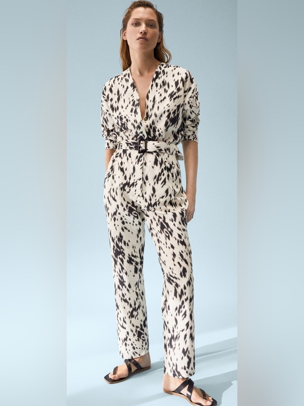 Massimo Dutti Black and White Printed Belted Jumpsuit